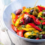 Roasted vegetable salad in white bowl