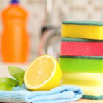 Stack of sponges on kitchen counter