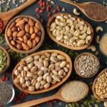 Selection of nuts and seeds in wooden bowls