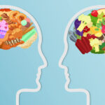 Illustration of two brains-one filled with healthy foods, the other with junk foods